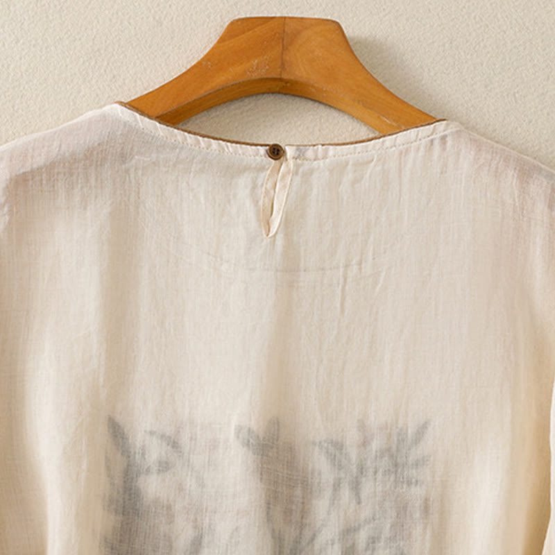 T-shirt da donna in cotone con maniche a tre quarti, ricamo floreale retrò con Buddha Stones - image 4