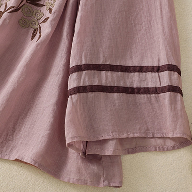 T-shirt da donna in cotone con maniche a tre quarti, ricamo floreale retrò con Buddha Stones - image 29