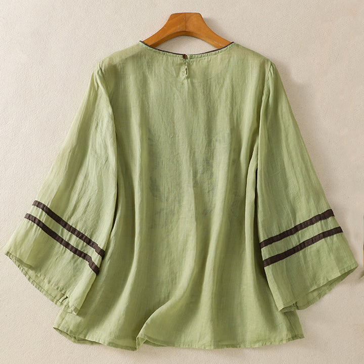 T-shirt da donna in cotone con maniche a tre quarti, ricamo floreale retrò con Buddha Stones - image 17