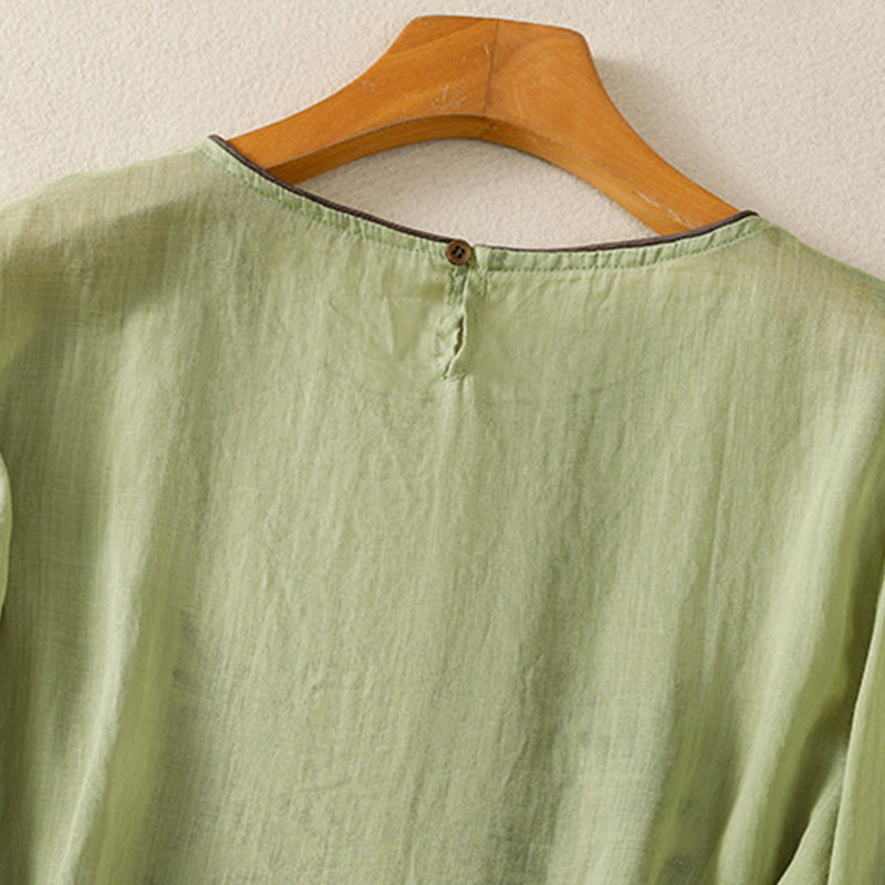 T-shirt da donna in cotone con maniche a tre quarti, ricamo floreale retrò con Buddha Stones - image 19