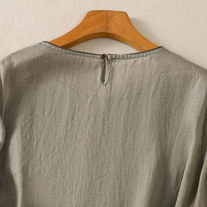 T-shirt da donna in cotone con maniche a tre quarti, ricamo floreale retrò con Buddha Stones - image 11