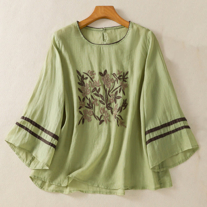 T-shirt da donna in cotone con maniche a tre quarti, ricamo floreale retrò con Buddha Stones - Verde chiaro - US14, UK/AU18, EU46 (2XL) - image 16