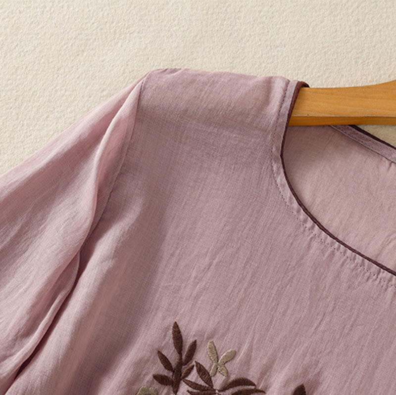 T-shirt da donna in cotone con maniche a tre quarti, ricamo floreale retrò con Buddha Stones - image 26