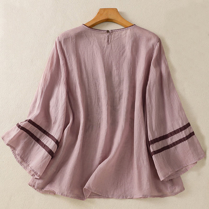 T-shirt da donna in cotone con maniche a tre quarti, ricamo floreale retrò con Buddha Stones - image 25