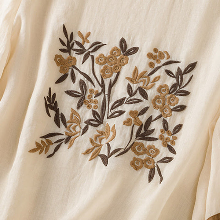T-shirt da donna in cotone con maniche a tre quarti, ricamo floreale retrò con Buddha Stones - image 6