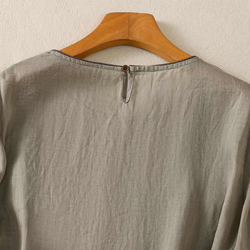 T-shirt da donna in cotone con maniche a tre quarti, ricamo floreale retrò con Buddha Stones - image 11