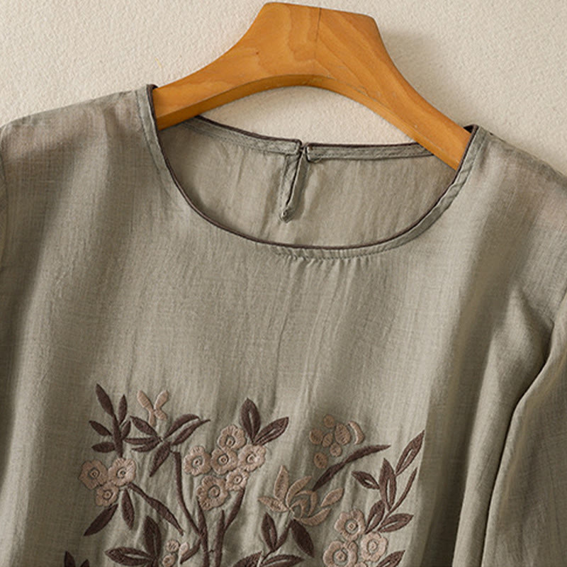 T-shirt da donna in cotone con maniche a tre quarti, ricamo floreale retrò con Buddha Stones - image 10