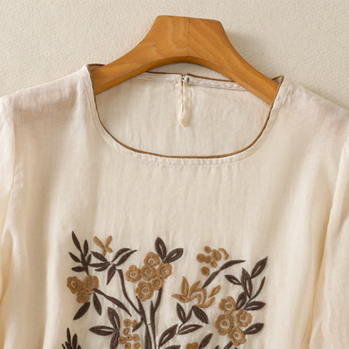 T-shirt da donna in cotone con maniche a tre quarti, ricamo floreale retrò con Buddha Stones - image 2