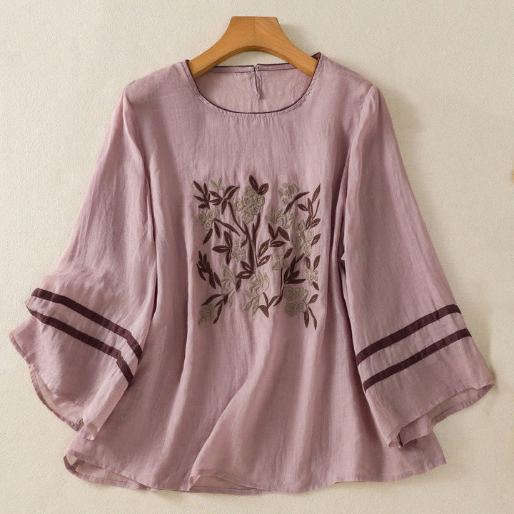 T-shirt da donna in cotone con maniche a tre quarti, ricamo floreale retrò con Buddha Stones - RosyBrown - US14, UK/AU18, EU46 (2XL) - image 24