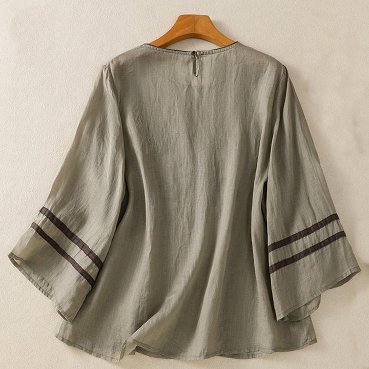 T-shirt da donna in cotone con maniche a tre quarti, ricamo floreale retrò con Buddha Stones - image 9