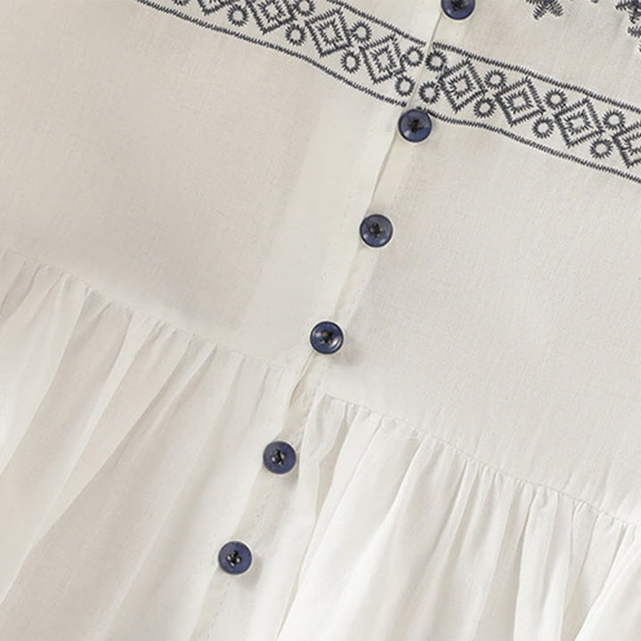 Buddha Stones Camicia da donna in cotone con maniche lunghe a lanterna, bottoni plissettati e ricamo - image 5