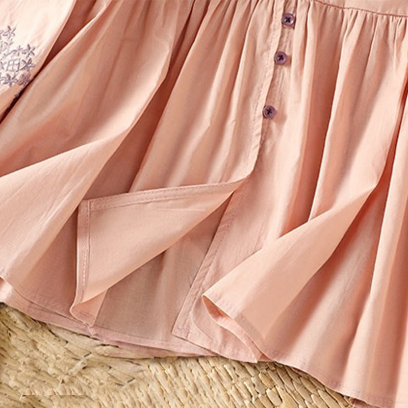 Buddha Stones Camicia da donna in cotone con maniche lunghe a lanterna, bottoni plissettati e ricamo - image 18