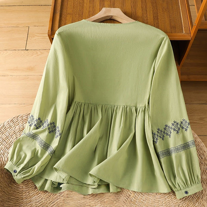 Buddha Stones Camicia da donna in cotone con maniche lunghe a lanterna, bottoni plissettati e ricamo - image 20