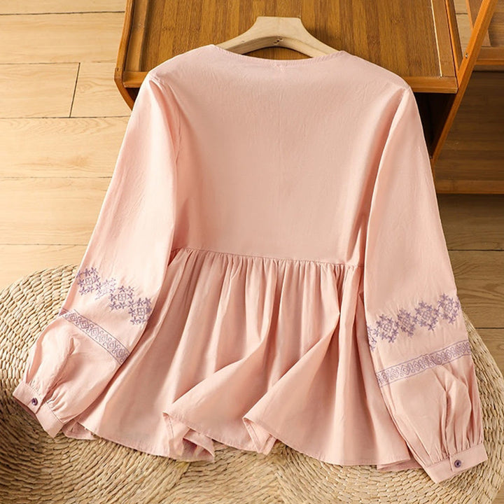 Buddha Stones Camicia da donna in cotone con maniche lunghe a lanterna, bottoni plissettati e ricamo - image 10