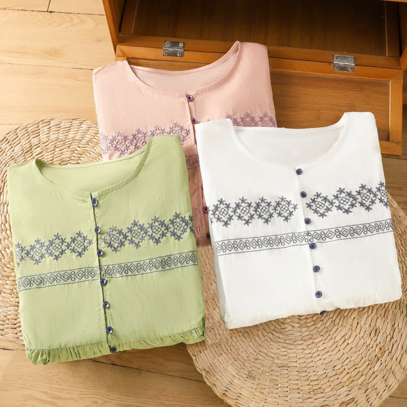 Buddha Stones Camicia da donna in cotone con maniche lunghe a lanterna, bottoni plissettati e ricamo - image 30