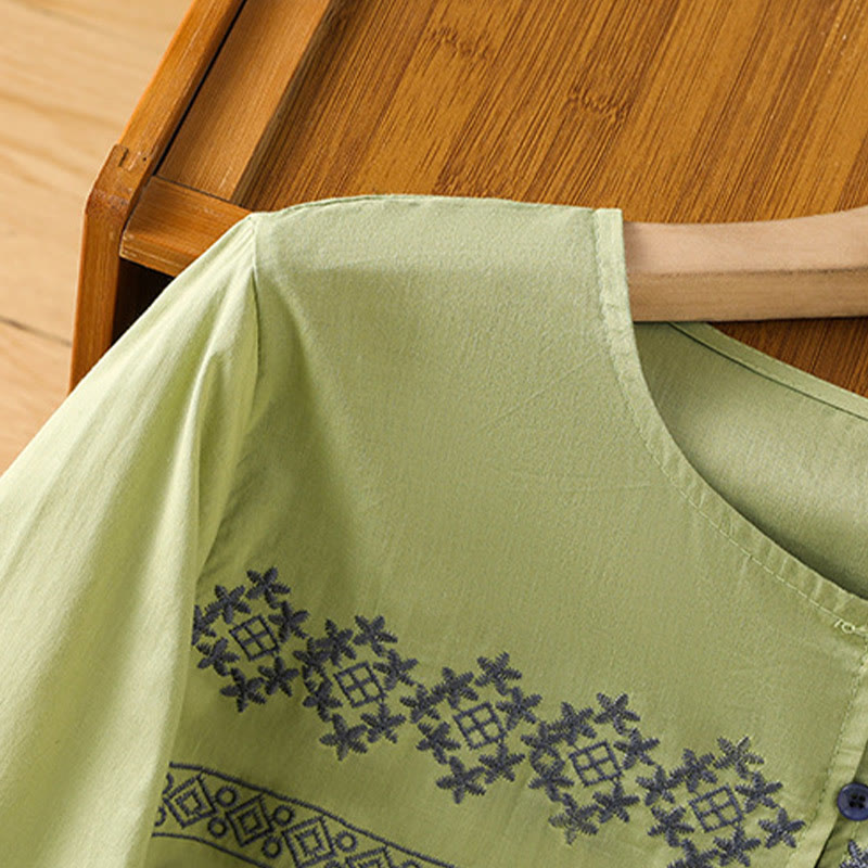 Buddha Stones Camicia da donna in cotone con maniche lunghe a lanterna, bottoni plissettati e ricamo - image 21