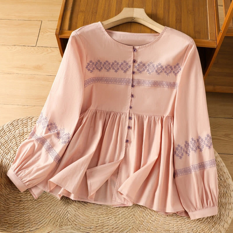 Buddha Stones Camicia da donna in cotone con maniche lunghe a lanterna, bottoni plissettati e ricamo - Salmone chiaro - US12, UK/AU16, EU44 (2XL) - image 9