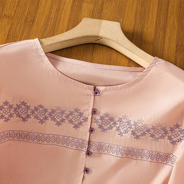 Buddha Stones Camicia da donna in cotone con maniche lunghe a lanterna, bottoni plissettati e ricamo - image 11