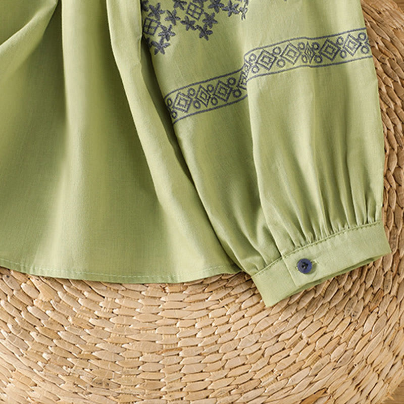 Buddha Stones Camicia da donna in cotone con maniche lunghe a lanterna, bottoni plissettati e ricamo - image 26