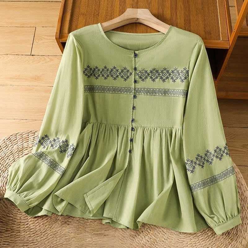 Buddha Stones Camicia da donna in cotone con maniche lunghe a lanterna, bottoni plissettati e ricamo - GialloVerde - US12, UK/AU16, EU44 (2XL) - image 19