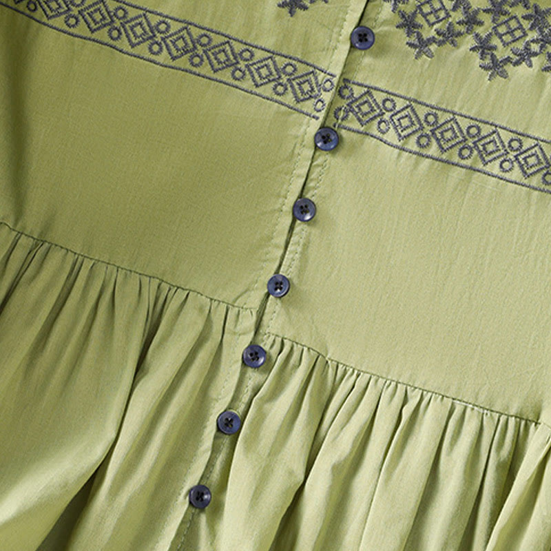 Buddha Stones Camicia da donna in cotone con maniche lunghe a lanterna, bottoni plissettati e ricamo - image 24