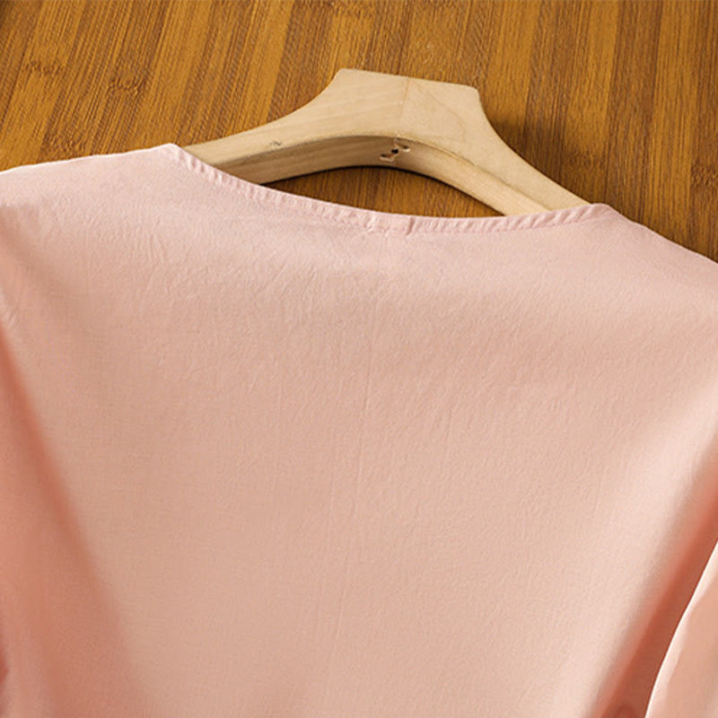 Buddha Stones Camicia da donna in cotone con maniche lunghe a lanterna, bottoni plissettati e ricamo - image 12