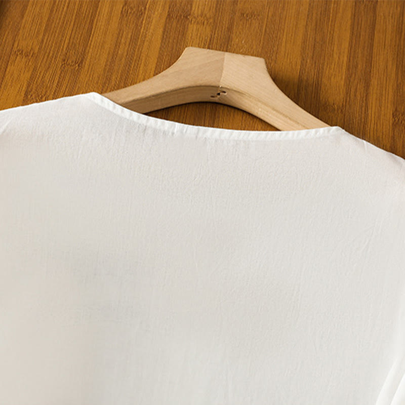 Buddha Stones Camicia da donna in cotone con maniche lunghe a lanterna, bottoni plissettati e ricamo - image 4