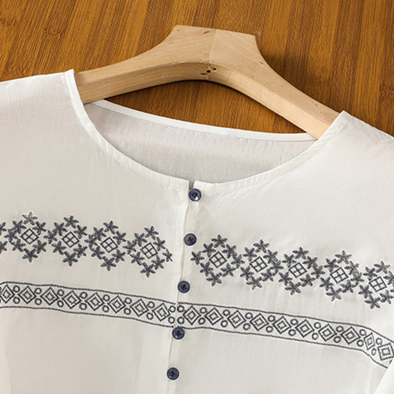 Buddha Stones Camicia da donna in cotone con maniche lunghe a lanterna, bottoni plissettati e ricamo - image 2