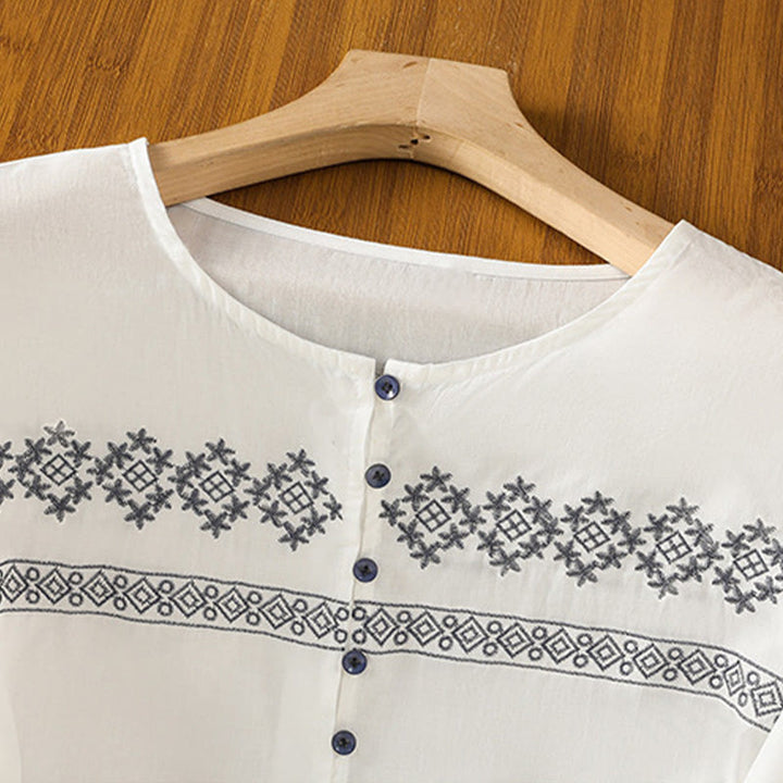 Buddha Stones Camicia da donna in cotone con maniche lunghe a lanterna, bottoni plissettati e ricamo - image 2