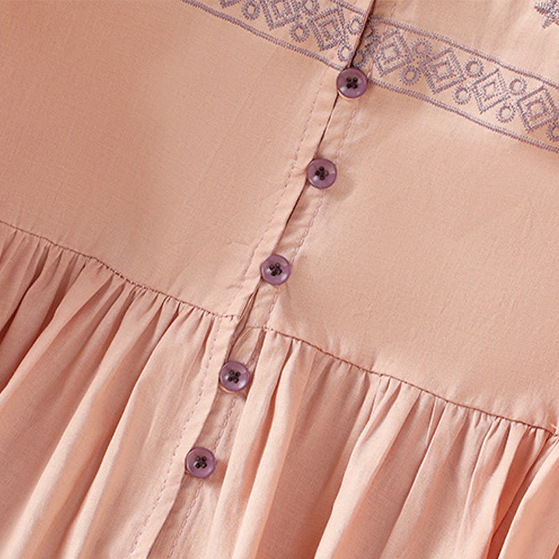 Buddha Stones Camicia da donna in cotone con maniche lunghe a lanterna, bottoni plissettati e ricamo - image 14