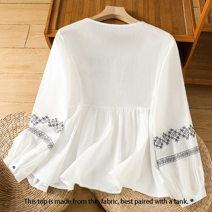Buddha Stones Camicia da donna in cotone con maniche lunghe a lanterna, bottoni plissettati e ricamo - image 1