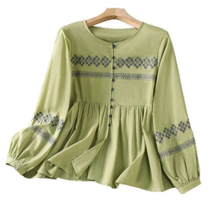 Buddha Stones Camicia da donna in cotone con maniche lunghe a lanterna, bottoni plissettati e ricamo - image 28