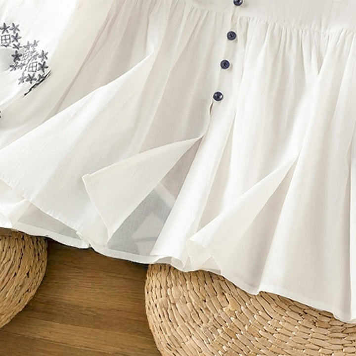 Buddha Stones Camicia da donna in cotone con maniche lunghe a lanterna, bottoni plissettati e ricamo - image 8