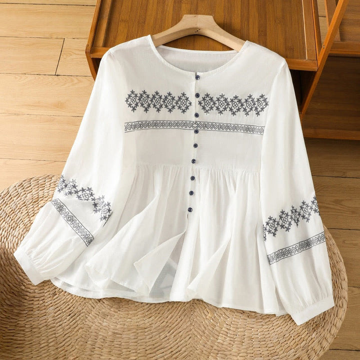Buddha Stones Camicia da donna in cotone con maniche lunghe a lanterna, bottoni plissettati e ricamo - Bianco - US12, UK/AU16, EU44 (2XL) - image 0