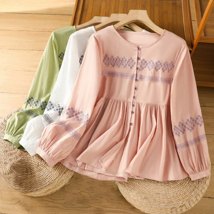 Buddha Stones Camicia da donna in cotone con maniche lunghe a lanterna, bottoni plissettati e ricamo - image 29
