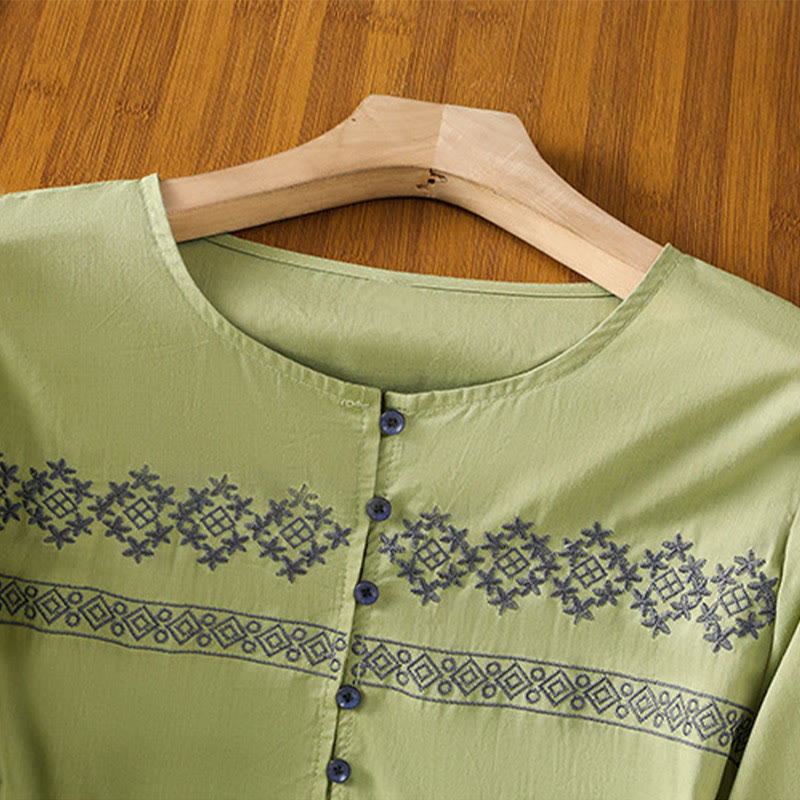 Buddha Stones Camicia da donna in cotone con maniche lunghe a lanterna, bottoni plissettati e ricamo - image 22