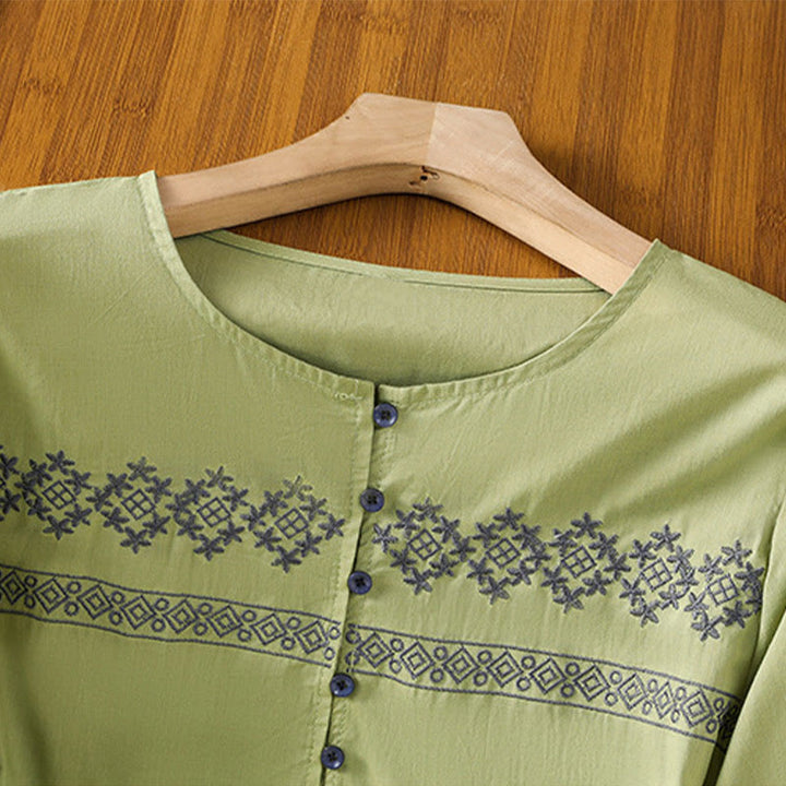 Buddha Stones Camicia da donna in cotone con maniche lunghe a lanterna, bottoni plissettati e ricamo - image 22