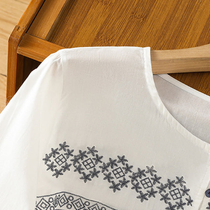 Buddha Stones Camicia da donna in cotone con maniche lunghe a lanterna, bottoni plissettati e ricamo - image 3