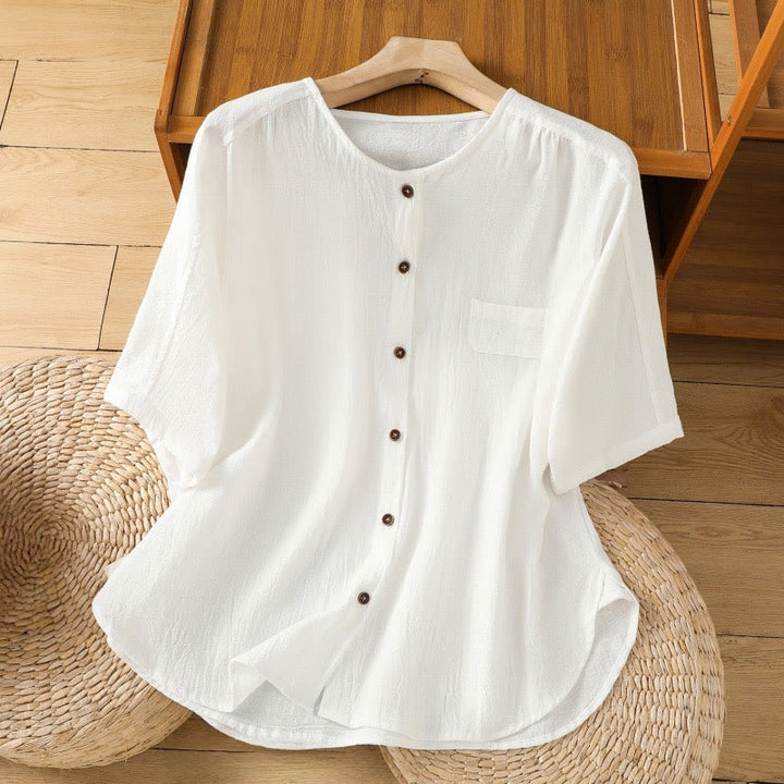 Camicia da donna in cotone e lino con maniche corte, casual, semplice, con bottoni e tasca , Buddha Stones - Bianco - US8-10, UK/AU12-14, EU40-42 (2XL) - image 17