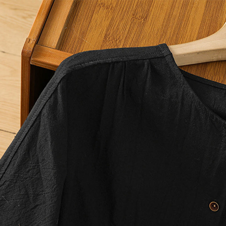 Camicia da donna in cotone e lino con maniche corte, casual, semplice, con bottoni e tasca , Buddha Stones - image 11