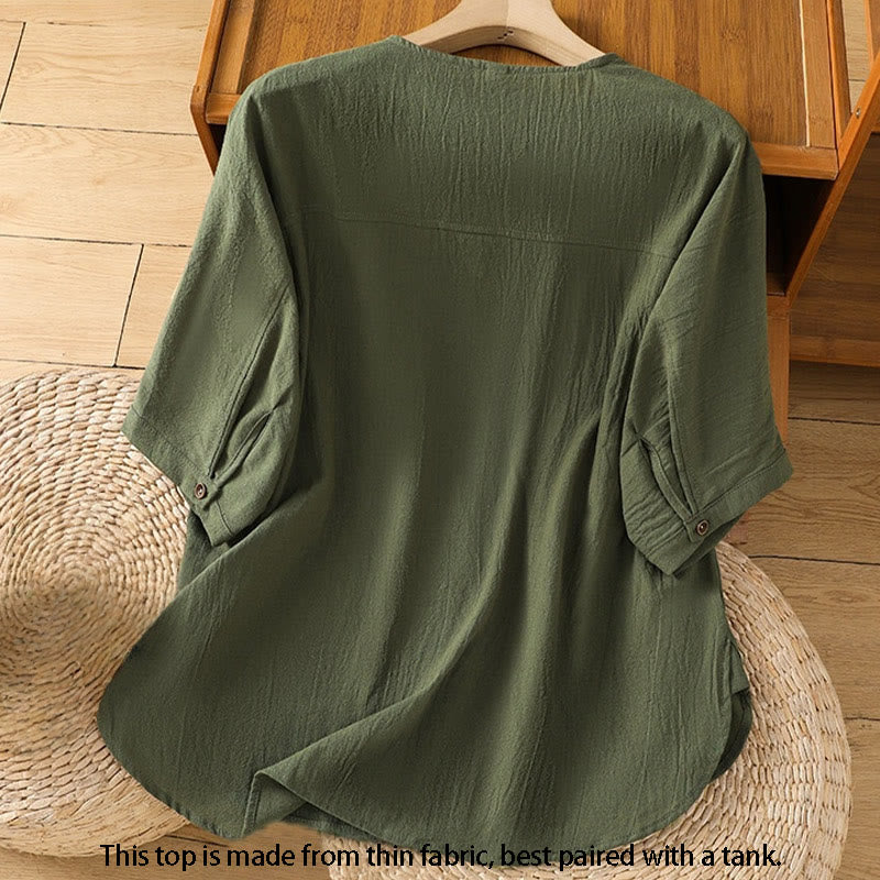 Camicia da donna in cotone e lino con maniche corte, casual, semplice, con bottoni e tasca , Buddha Stones - image 1