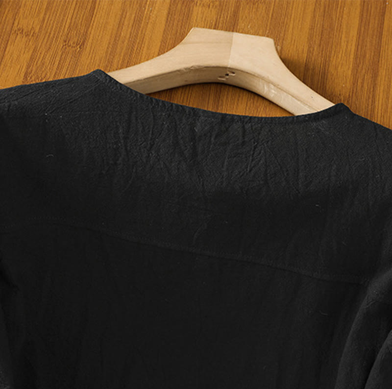 Camicia da donna in cotone e lino con maniche corte, casual, semplice, con bottoni e tasca , Buddha Stones - image 12