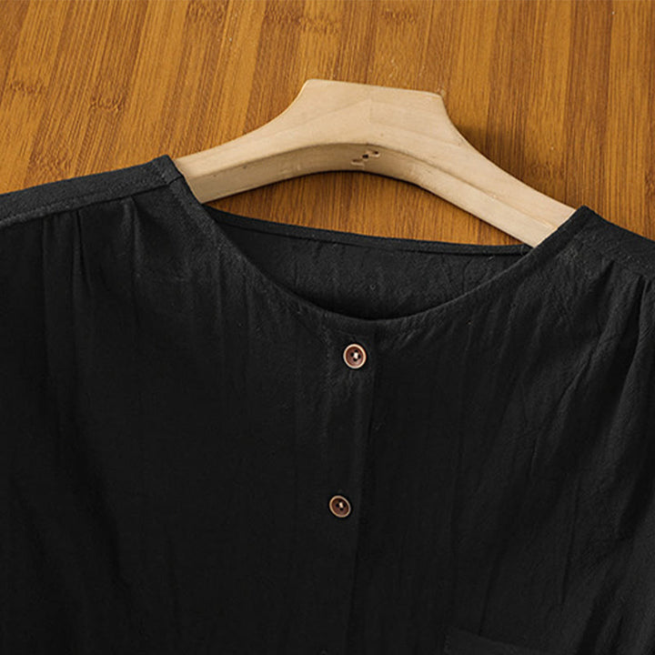 Camicia da donna in cotone e lino con maniche corte, casual, semplice, con bottoni e tasca , Buddha Stones - image 13