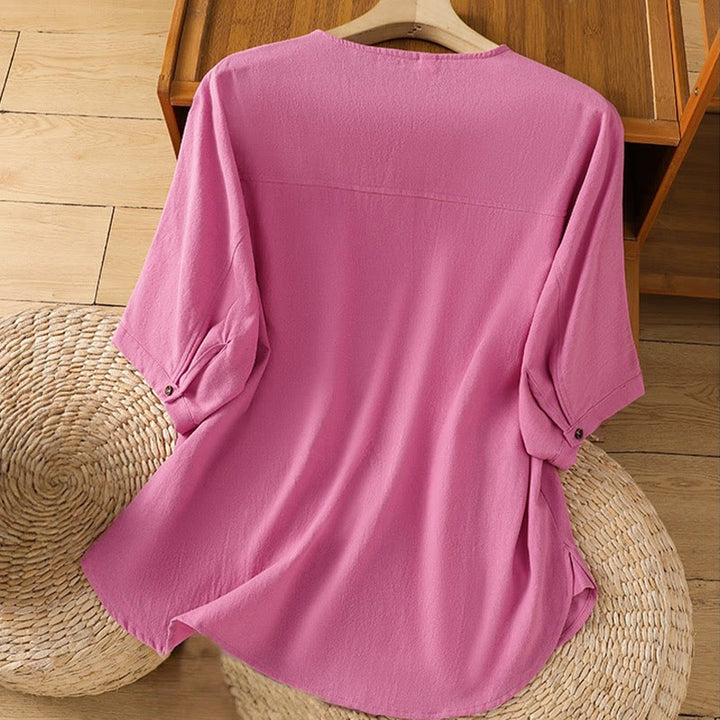 Camicia da donna in cotone e lino con maniche corte, casual, semplice, con bottoni e tasca , Buddha Stones - image 36