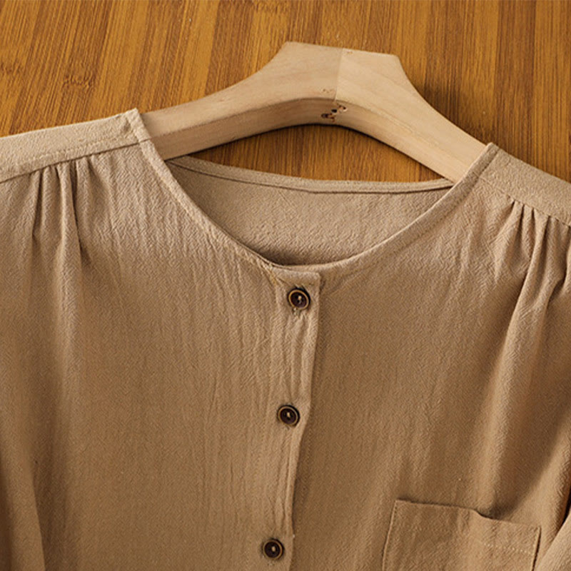 Camicia da donna in cotone e lino con maniche corte, casual, semplice, con bottoni e tasca , Buddha Stones - image 27