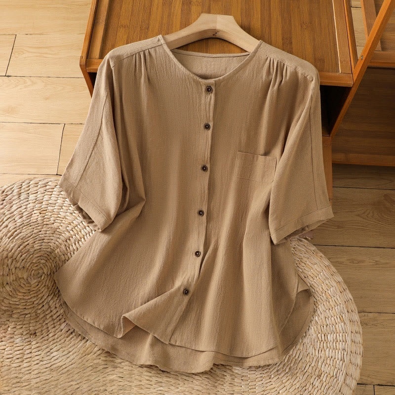Camicia da donna in cotone e lino con maniche corte, casual, semplice, con bottoni e tasca , Buddha Stones - Verga d'oro - US8-10, UK/AU12-14, EU40-42 (2XL) - image 25
