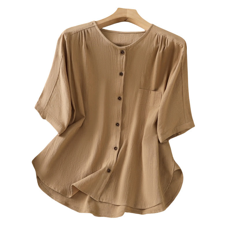 Camicia da donna in cotone e lino con maniche corte, casual, semplice, con bottoni e tasca , Buddha Stones - image 34