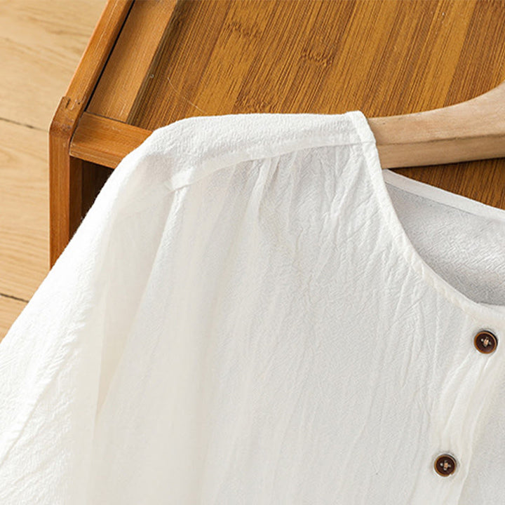 Camicia da donna in cotone e lino con maniche corte, casual, semplice, con bottoni e tasca , Buddha Stones - image 19