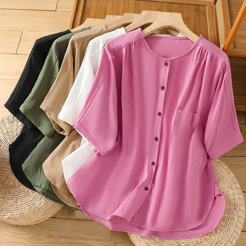 Camicia da donna in cotone e lino con maniche corte, casual, semplice, con bottoni e tasca , Buddha Stones - image 40