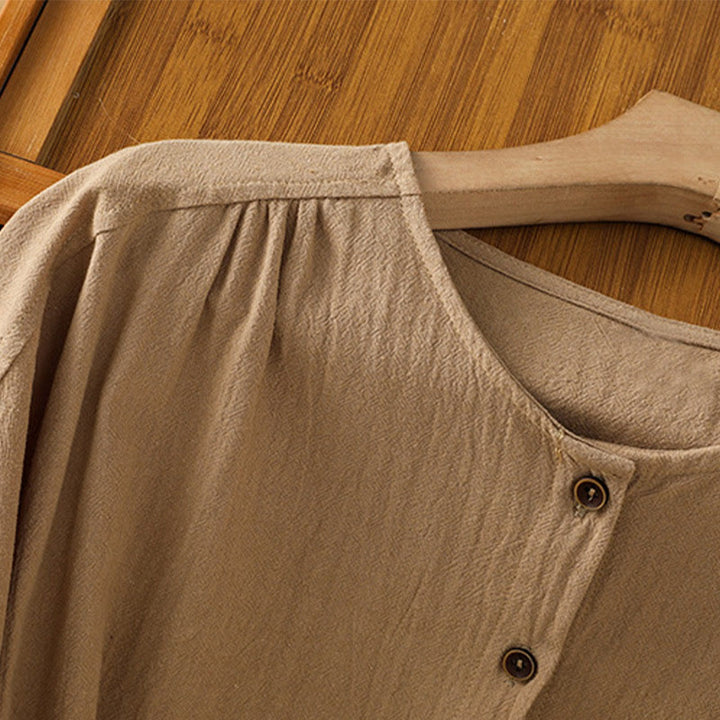 Camicia da donna in cotone e lino con maniche corte, casual, semplice, con bottoni e tasca , Buddha Stones - image 29